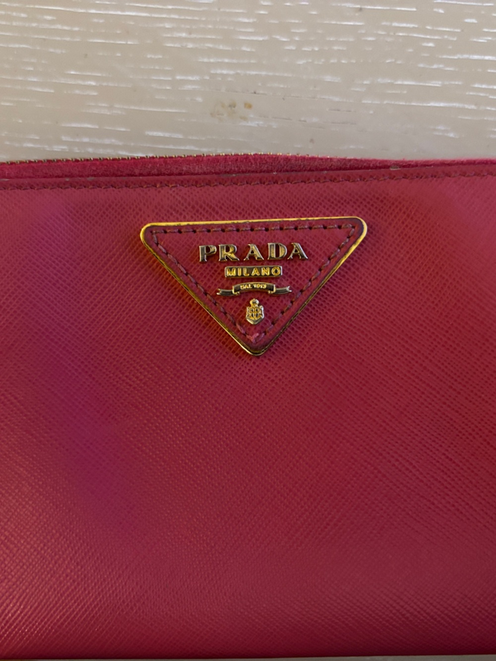 Prada Fuchsia Saffiano Zip Wallet with Gold Logo